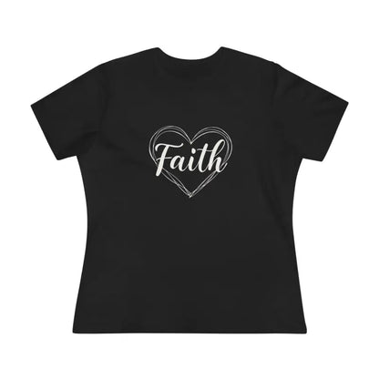 Black t-shirt featuring a Faith heart design for women’s casual wear