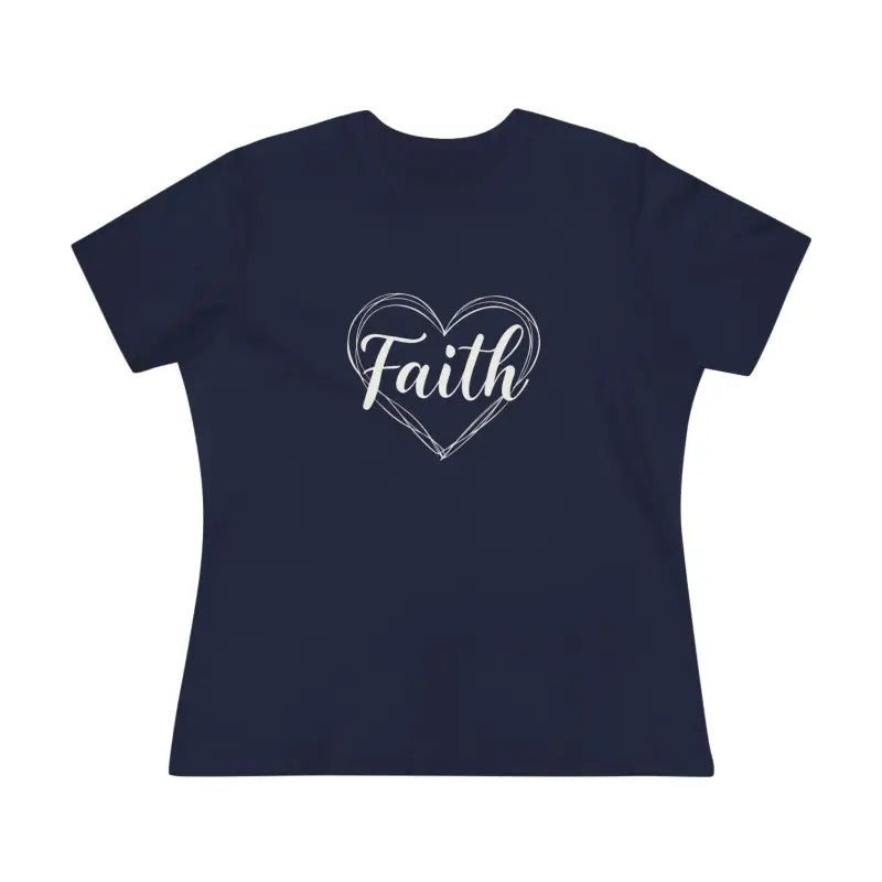 Navy blue women’s t-shirt featuring a heart design with the word Faith