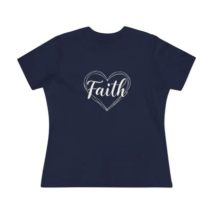 Navy blue women’s t-shirt featuring a heart design with the word Faith