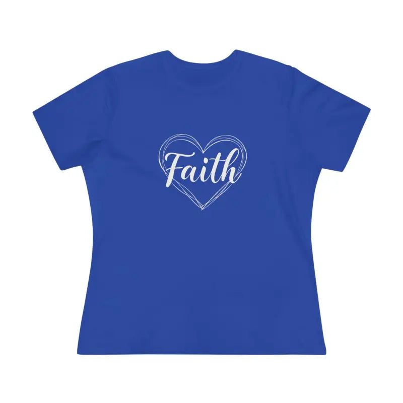 Blue t-shirt with Faith heart design for women, showcasing stylish faith-based fashion