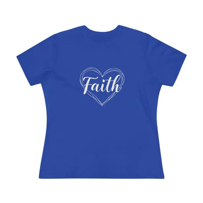 Blue t-shirt with Faith heart design for women, showcasing stylish faith-based fashion