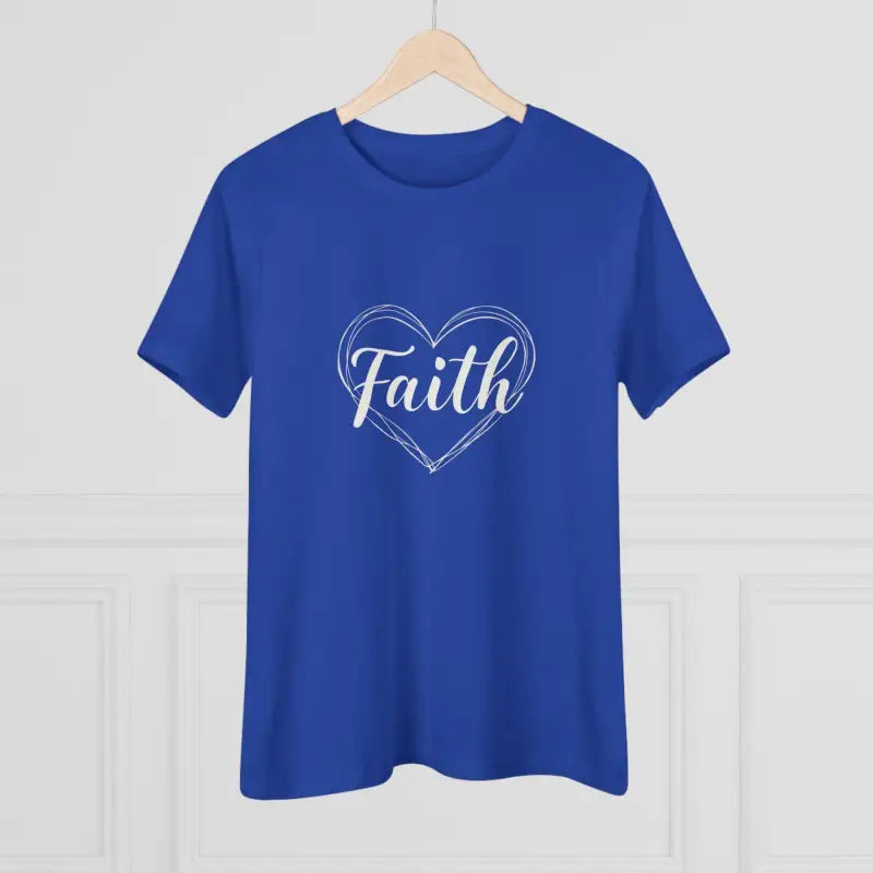 Blue t-shirt featuring Faith heart design, ideal for women’s casual wear