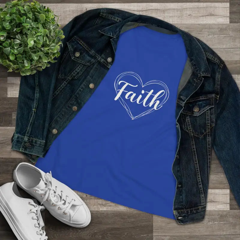 Blue t-shirt for women featuring a heart design with the word Faith