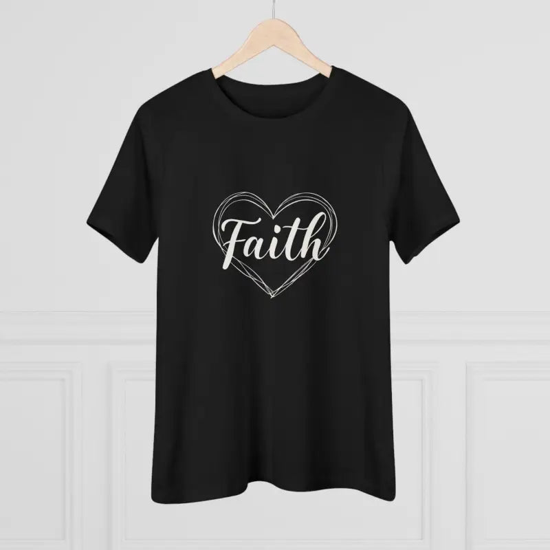 Black t-shirt featuring a Faith heart design for women, stylish and inspirational