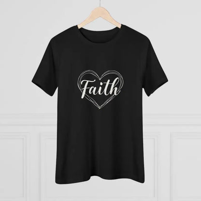 Black t-shirt featuring a Faith heart design for women, stylish and inspirational