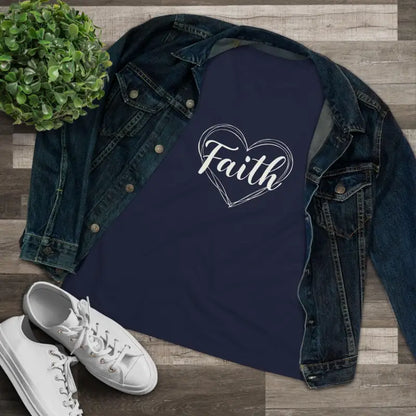 Navy blue shirt featuring Faith heart design for women in stylish casual wear