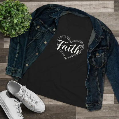 Black shirt featuring a Faith heart design, tailored for women’s fashion