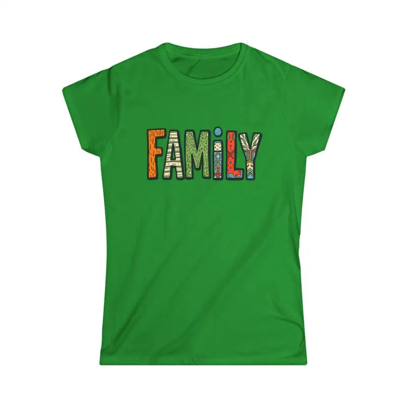 Green T-shirt with FAMILY text from Family Vibes Women’s Softstyle Tee for celebrations