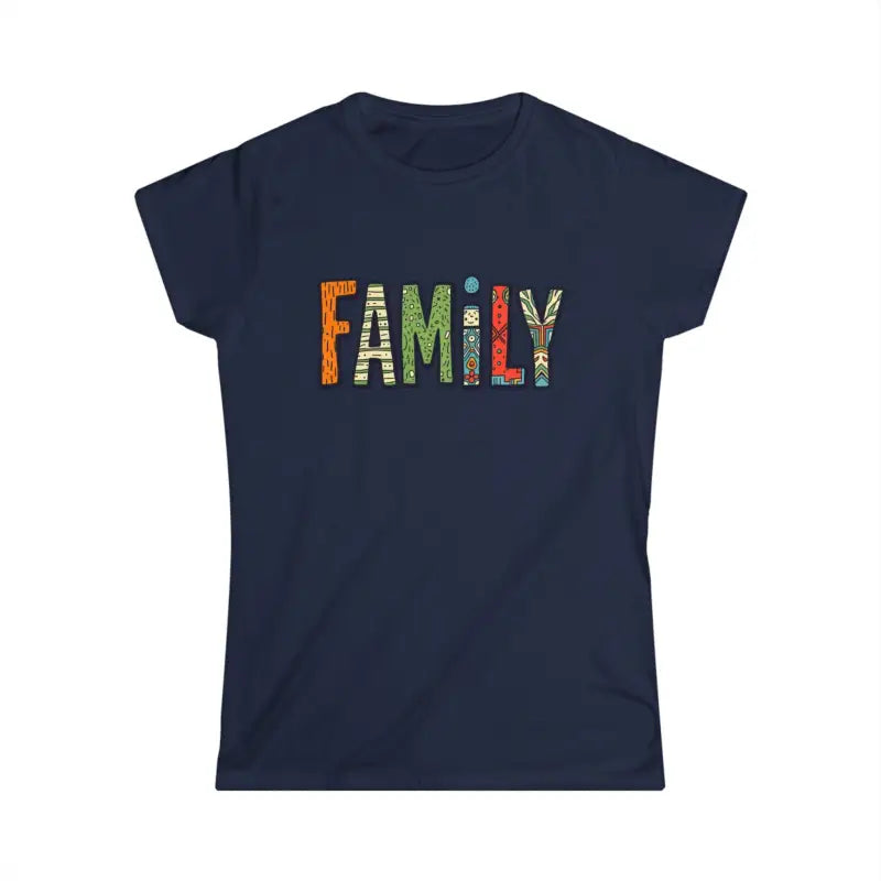 Navy blue Women’s Softstyle Tee with FAMILY design for family celebrations