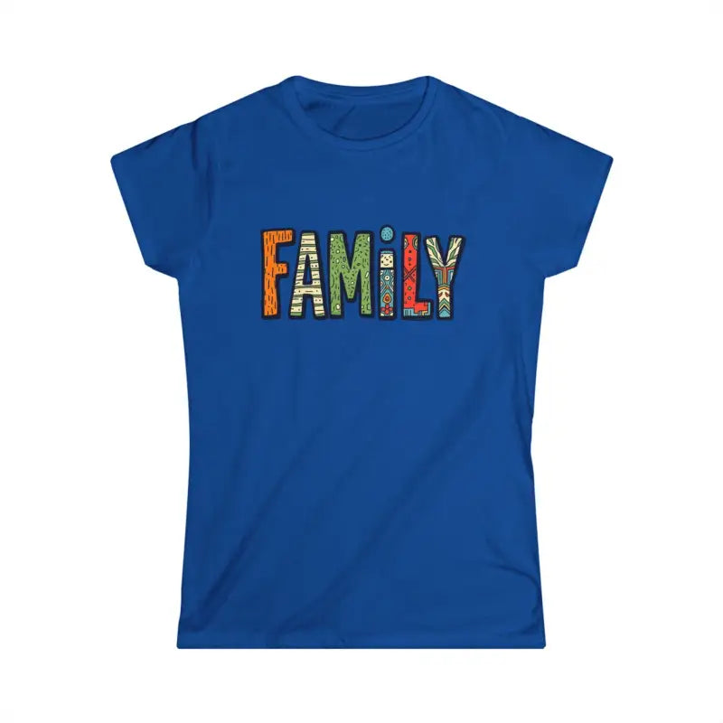Blue women’s softstyle tee with FAMILY design from Family Vibes collection