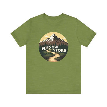 Green t-shirt featuring mountain graphic from Feed Your Stoke Unisex collection