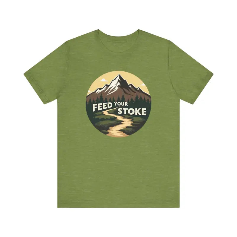 Green t-shirt featuring mountain graphic from Feed Your Stoke Unisex collection