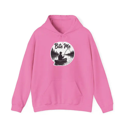 Pink Fishing Bite Me Unisex Heavy Blend Hoodie featuring a unique fishing graphic