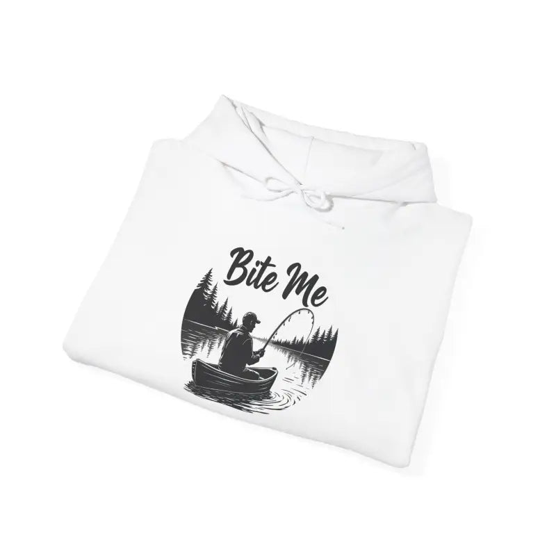 Folded white Fishing Bite Me Unisex Heavy Blend Hoodie on display for purchase