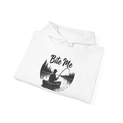 Folded white Fishing Bite Me Unisex Heavy Blend Hoodie on display for purchase