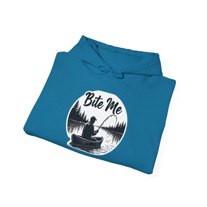 Folded blue Fishing Bite Me Unisex Heavy Blend Hoodie showcasing its casual style