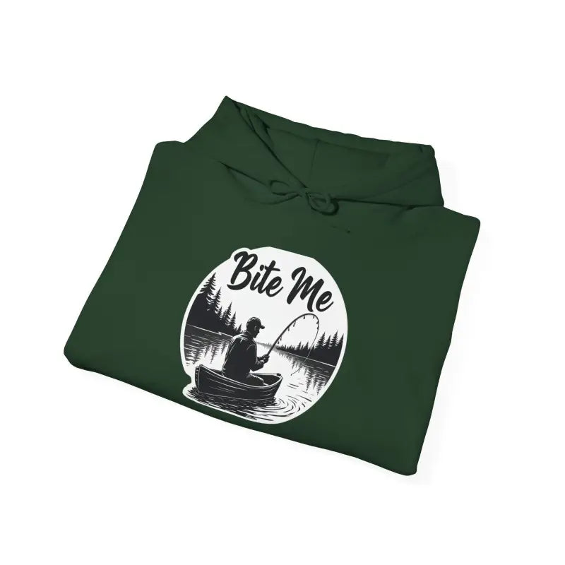 Folded green Fishing Bite Me Unisex Heavy Blend Hoodie showcasing quality fabric