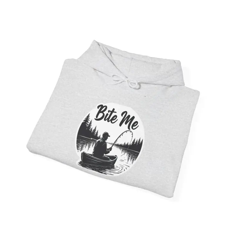 Folded white hoodie from the Fishing Bite Me Unisex Heavy Blend Hoodie collection