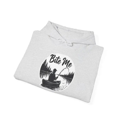 Folded white hoodie from the Fishing Bite Me Unisex Heavy Blend Hoodie collection