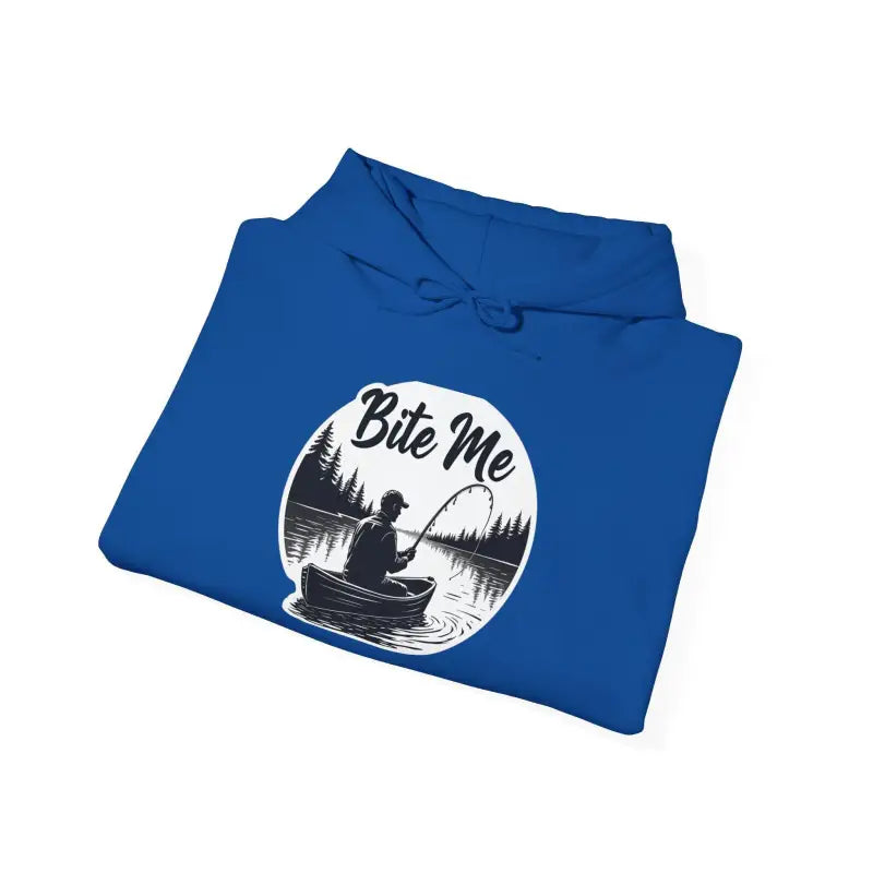 Folded blue hoodie featuring fishing graphic from Fishing Bite Me Unisex Heavy Blend Hoodie