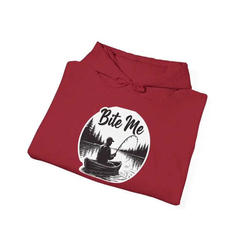 Folded red hoodie featuring Fishing Bite Me graphic for unisex wear