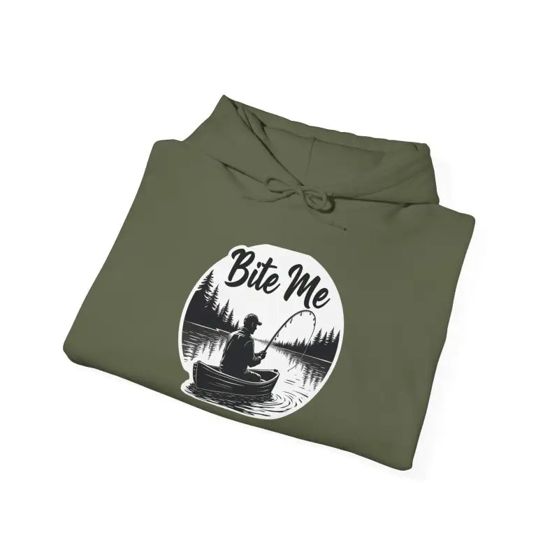 Folded olive green Fishing Bite Me Unisex Heavy Blend Hoodie for outdoor enthusiasts