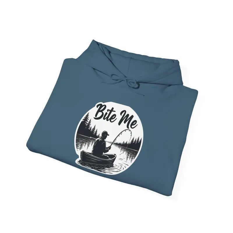 Folded blue hoodie featuring a fishing graphic from the Fishing Bite Me Unisex collection