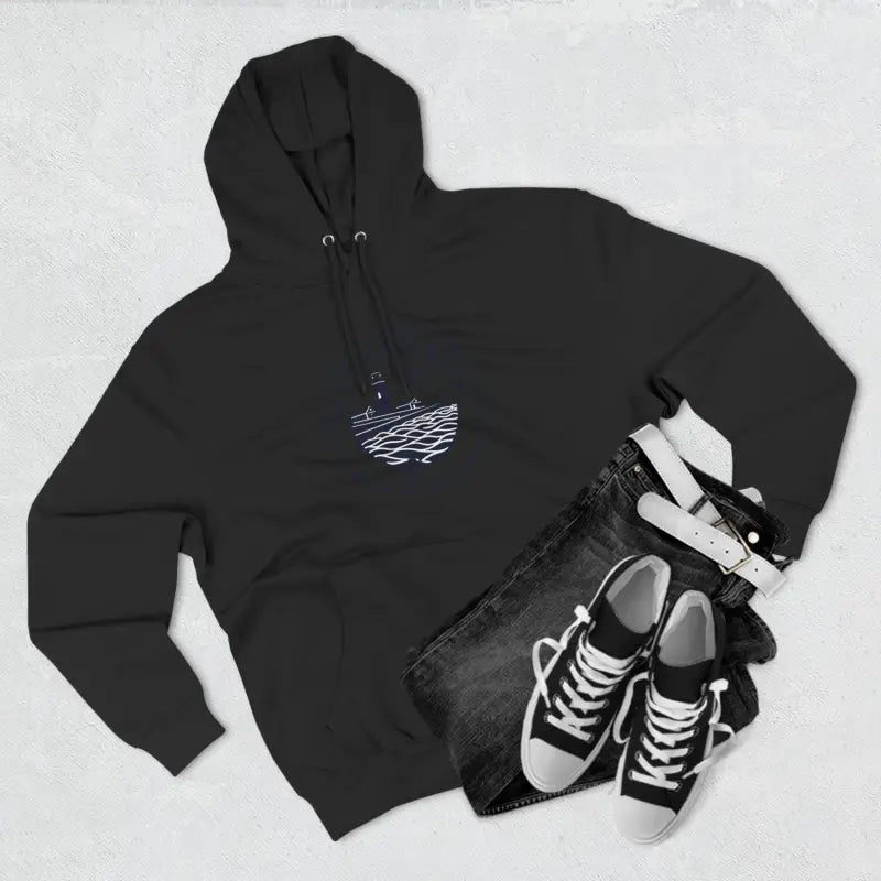 Black hoodie featuring a graphic design from the Block Island North Light collection