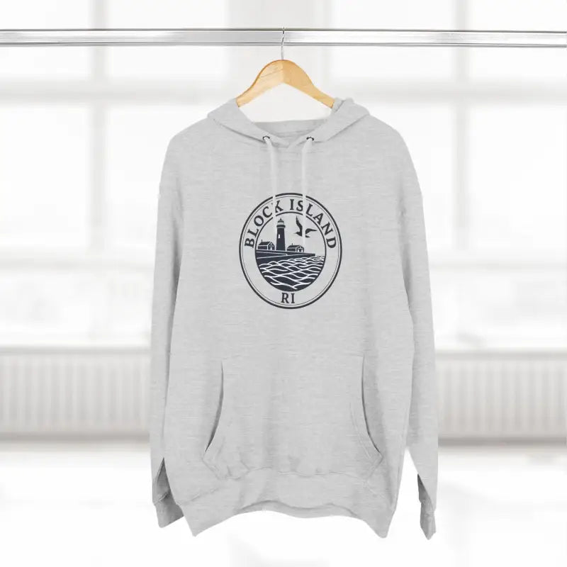 Gray Block Island North Light Unisex Fleece Hoodie featuring iconic logo design