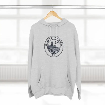 Gray Block Island North Light Unisex Fleece Hoodie featuring iconic logo design