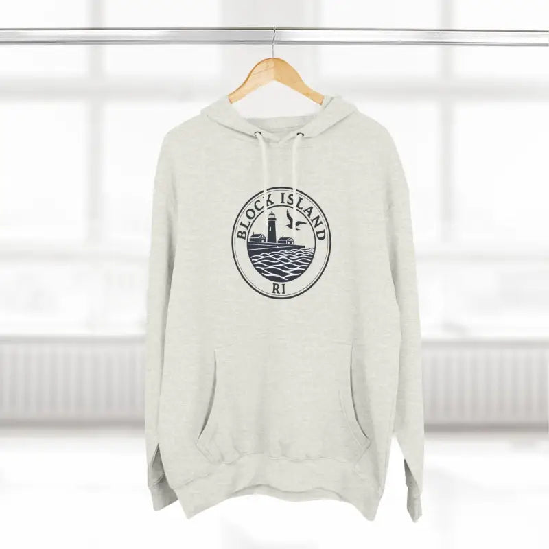 Hanging Block Island North Light Unisex Fleece Hoodie in a stylish display