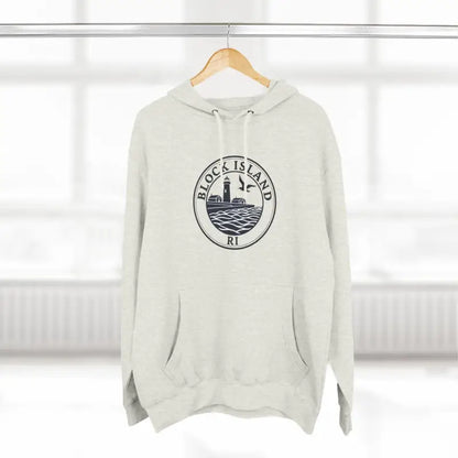 Hanging Block Island North Light Unisex Fleece Hoodie in a stylish display