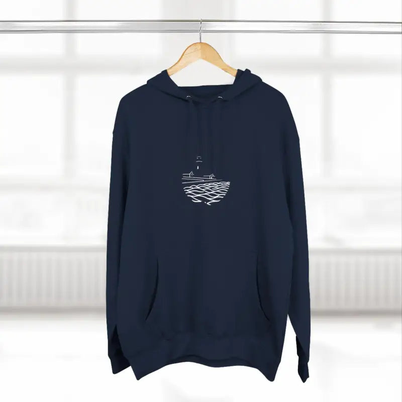 Navy blue Block Island North Light unisex fleece hoodie featuring white ocean graphic