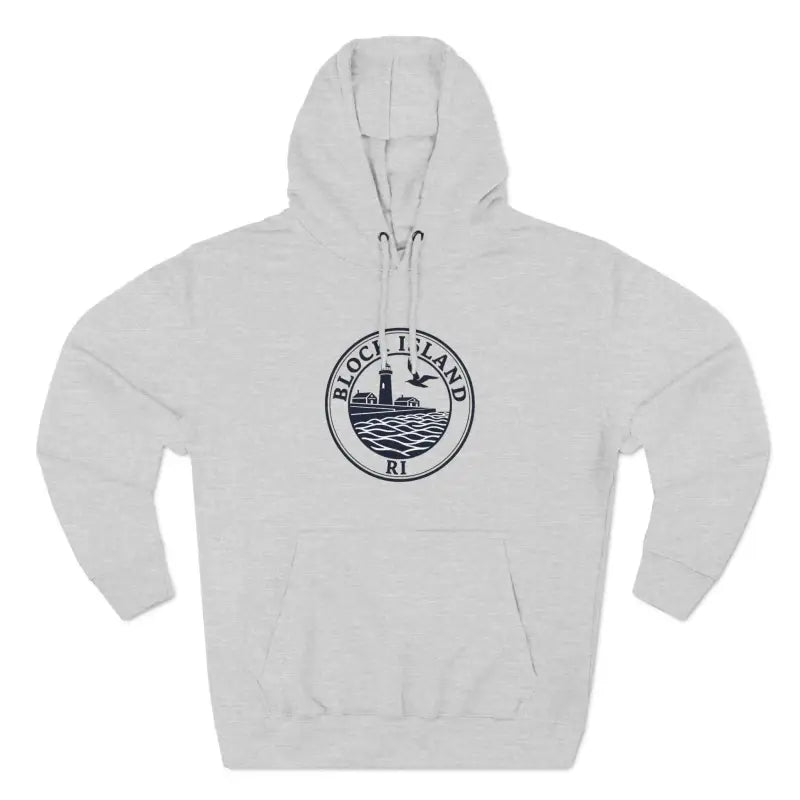 Gray Block Island North Light Unisex Fleece Hoodie featuring a circular logo