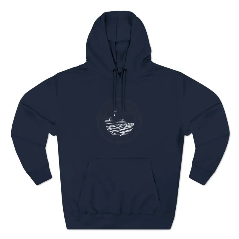 Navy blue Block Island North Light Unisex Fleece Hoodie with white graphic design