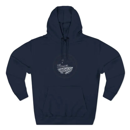 Navy blue Block Island North Light Unisex Fleece Hoodie with white graphic design