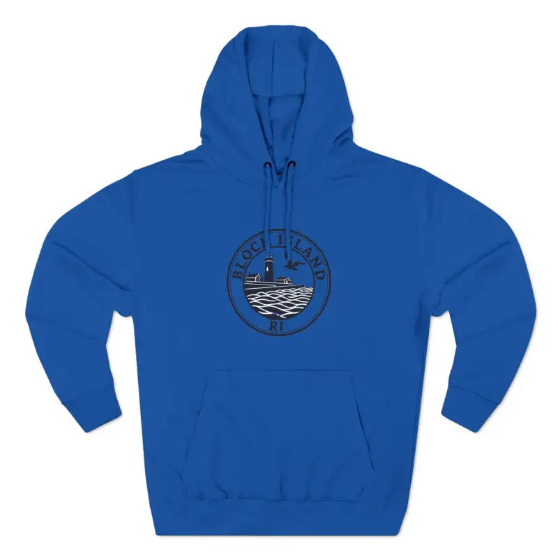 Blue hooded sweatshirt displayed as Block Island North Light Unisex Fleece Hoodie