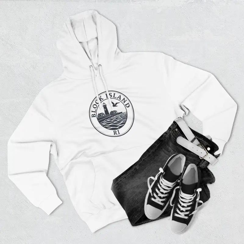 White hoodie featuring Block Island design from Block Island North Light collection