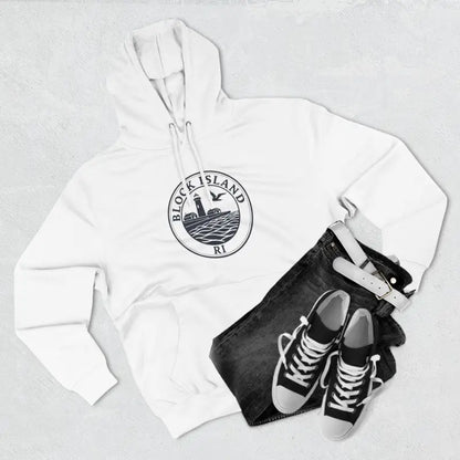 White hoodie featuring Block Island design from Block Island North Light collection