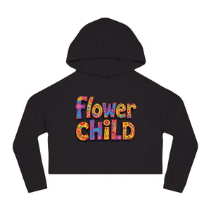 Black long-sleeved cropped hoodie with colorful floral Flower Child text in pastel floral print