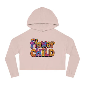 Light pink cropped hoodie with colorful floral Flower Child print in pastel floral design