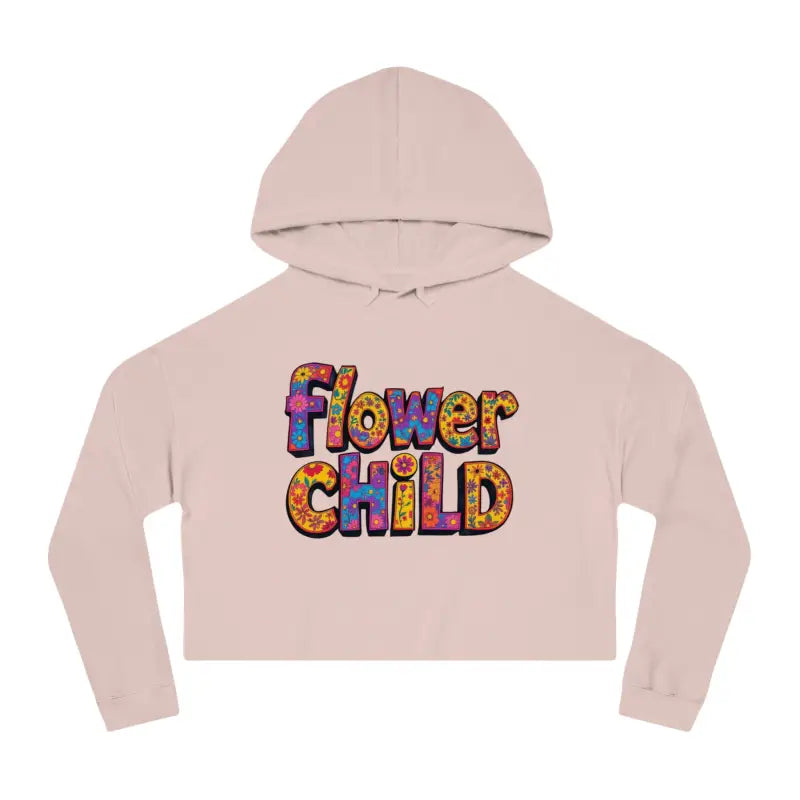 Light pink cropped hoodie with colorful floral Flower Child print in pastel floral design