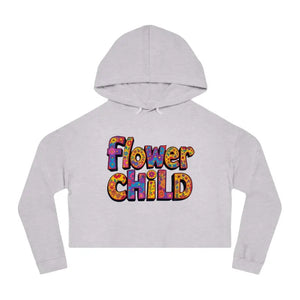 White cropped hoodie with Flower Child text from Flower Child Cropped Hoodie in Pastel Floral Print