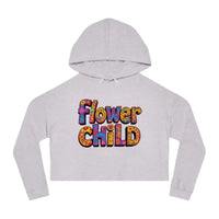 White cropped hoodie with Flower Child text from Flower Child Cropped Hoodie in Pastel Floral Print
