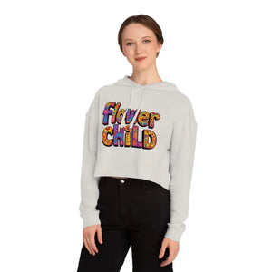 Light gray long-sleeved crop-top hoodie with colorful Flower Child text in Pastel Floral Print