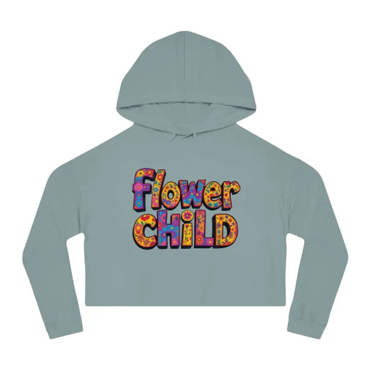 Light blue cropped hoodie with Flower Child in colorful patterned letters for Flower Child Cropped Hoodie in Pastel Floral Print