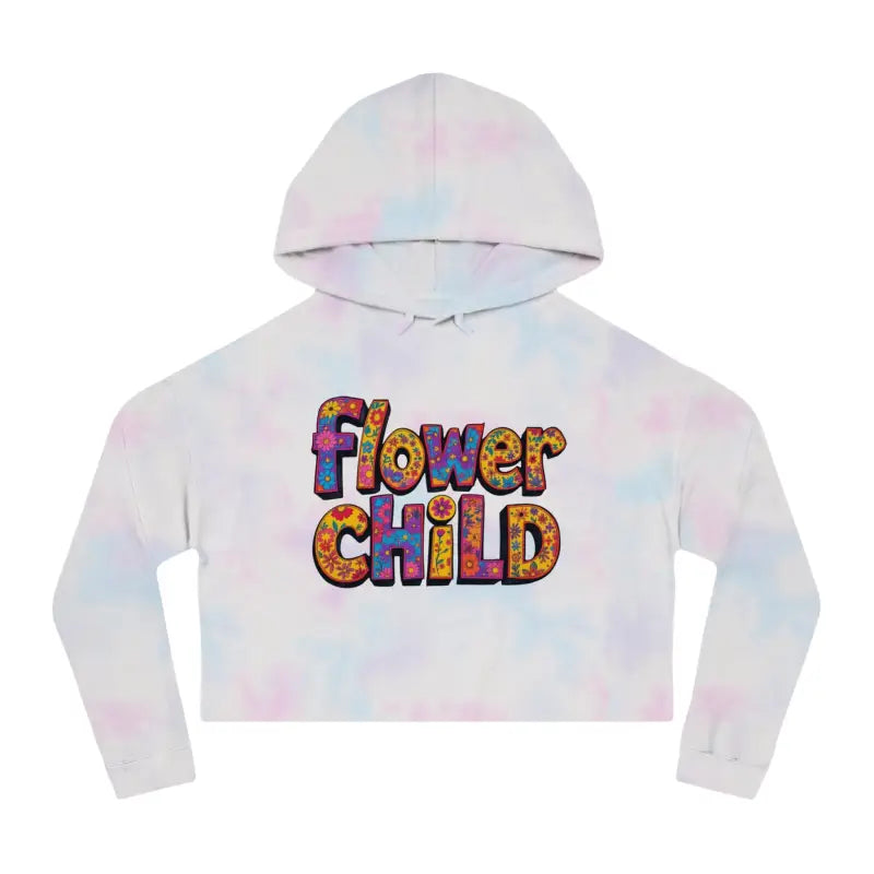 Light pastel tie-dye cropped hoodie featuring Flower Child text in a floral print