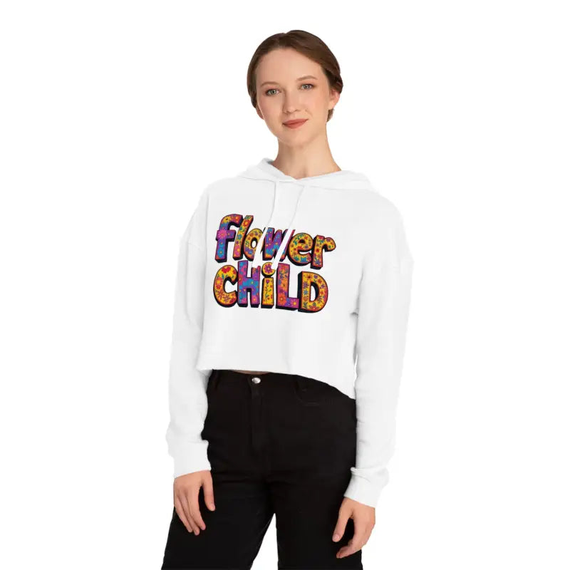 White cropped hoodie with colorful Flower Child text in pastel floral print