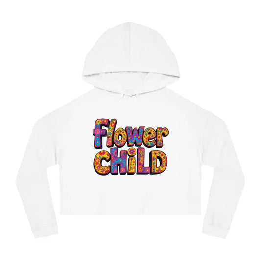 Light blue cropped hoodie with Flower Child in colorful patterned letters for Flower Child Cropped Hoodie in Pastel Floral Print
