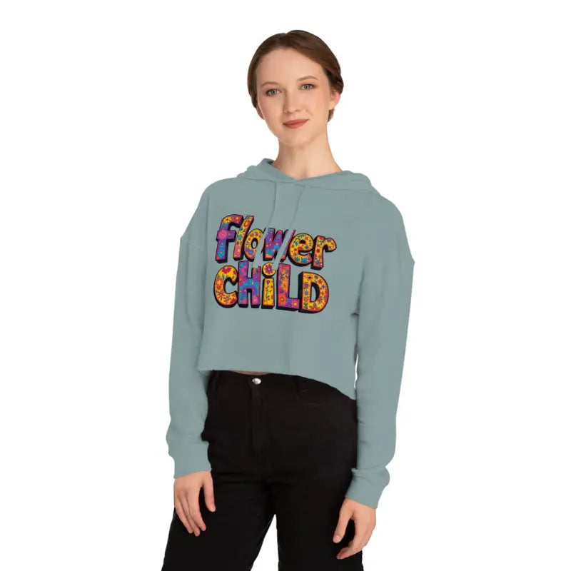 Dusty blue Flower Child Cropped Hoodie with colorful patterned Flower Child text